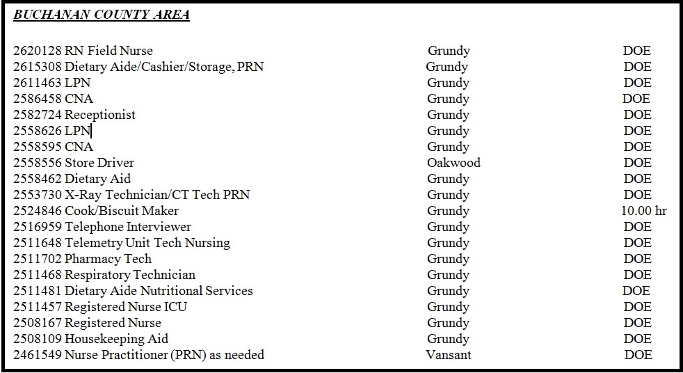 SWVA Employment Opportunities from the Richlands Office of the Virginia Employment Commission
